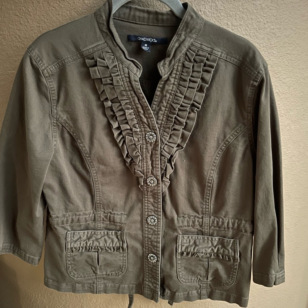 Chadwicks Green Ruffle Button Front Top Jacket Size Medium Silver - Picture 2 of 8